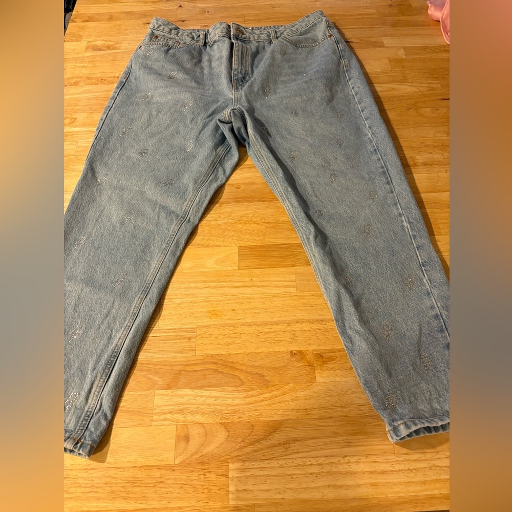 Topshop Light Wash Mom Jeans with Lightning Bolt Rhinestone Embellishments